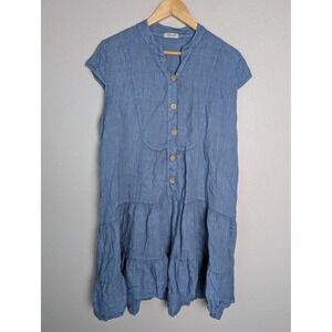 Puro‎ Lino Dress Womens S Blue Short Shirt Dress Henley Button Pockets Italy